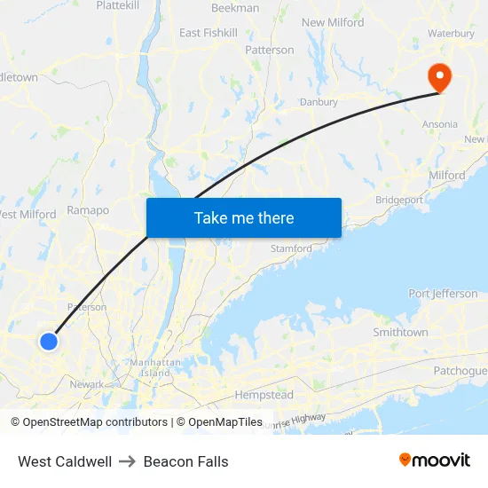 West Caldwell to Beacon Falls map