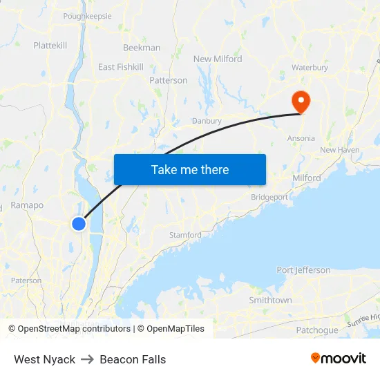 West Nyack to Beacon Falls map