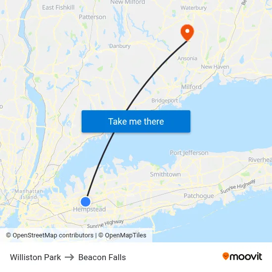 Williston Park to Beacon Falls map