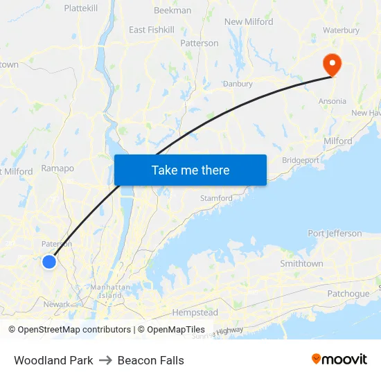 Woodland Park to Beacon Falls map
