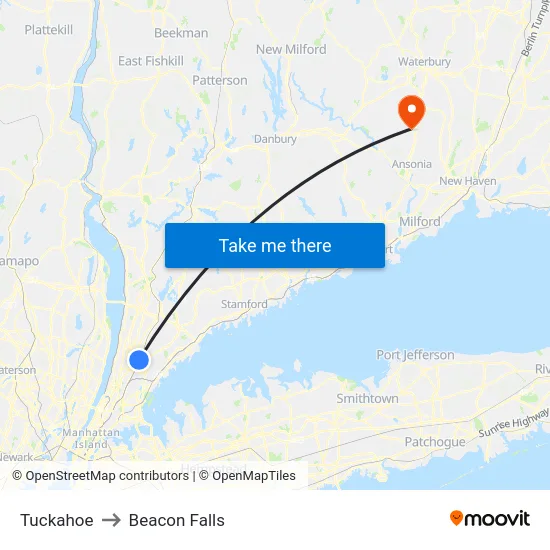 Tuckahoe to Beacon Falls map