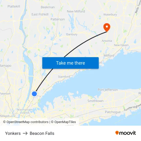 Yonkers to Beacon Falls map