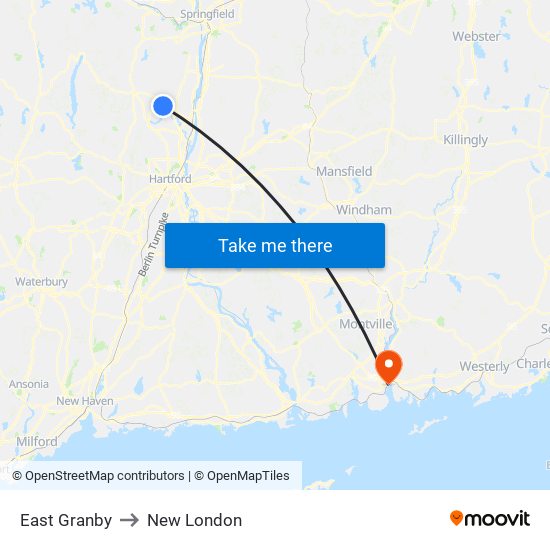 East Granby to New London map