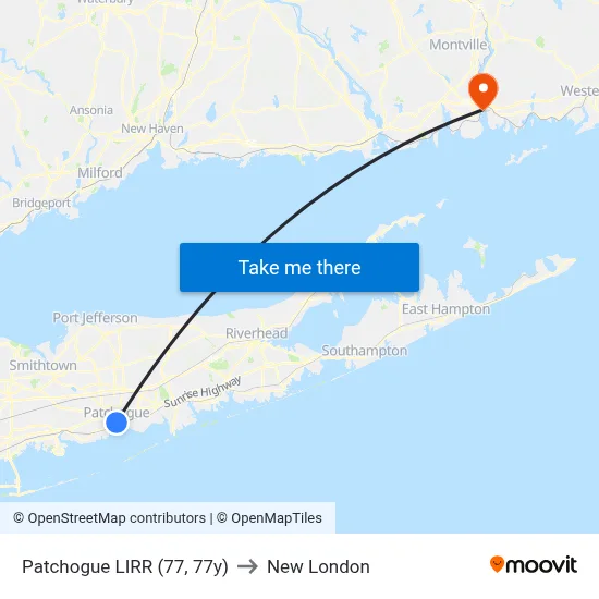 Patchogue LIRR (77, 77y) to New London map
