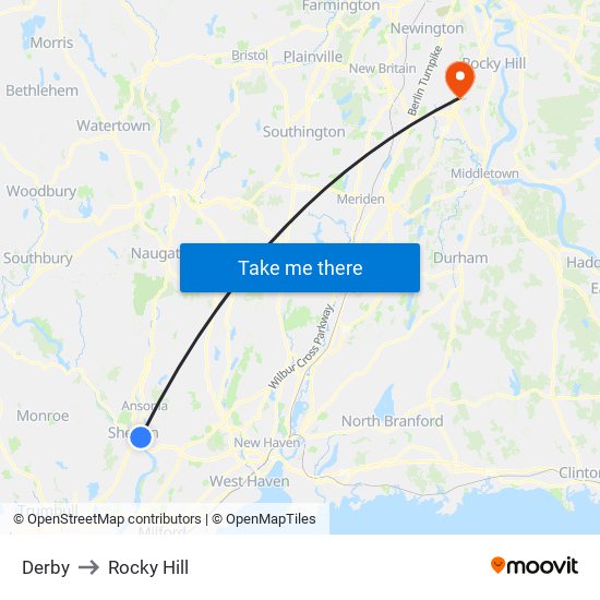 Derby to Rocky Hill map