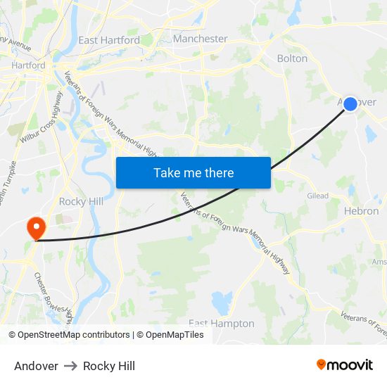 Andover to Rocky Hill map