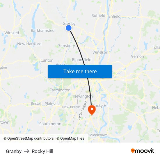 Granby to Rocky Hill map