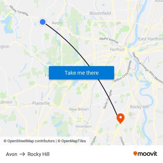 Avon to Rocky Hill map