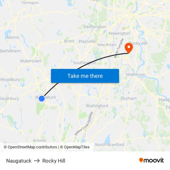 Naugatuck to Rocky Hill map