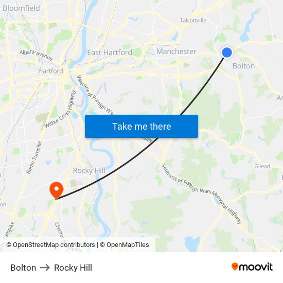 Bolton to Rocky Hill map