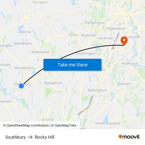 Southbury to Rocky Hill map