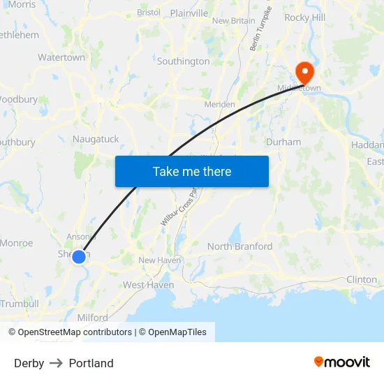 Derby to Portland map