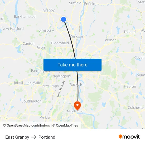 East Granby to Portland map
