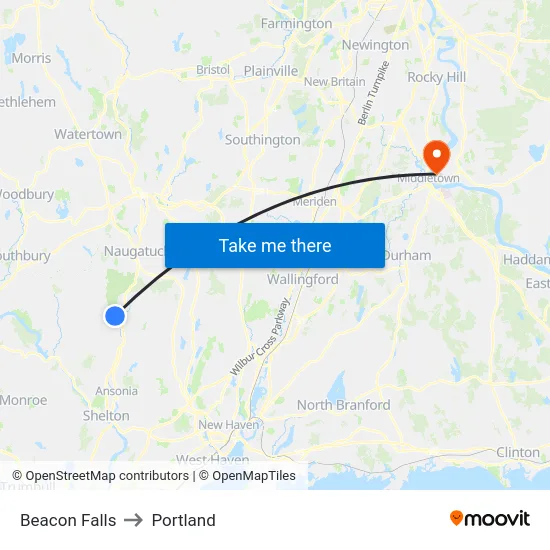 Beacon Falls to Portland map