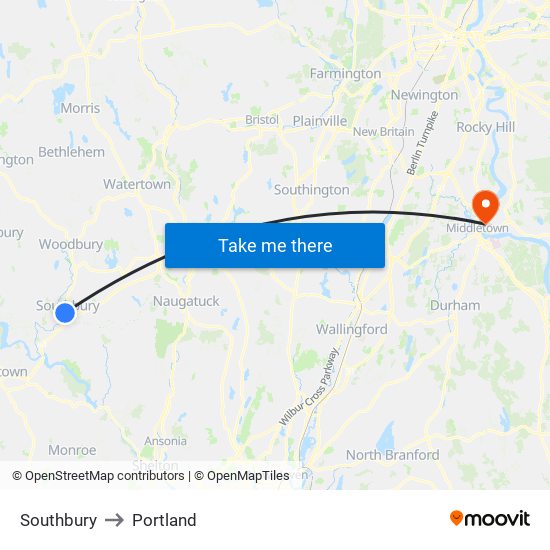 Southbury to Portland map