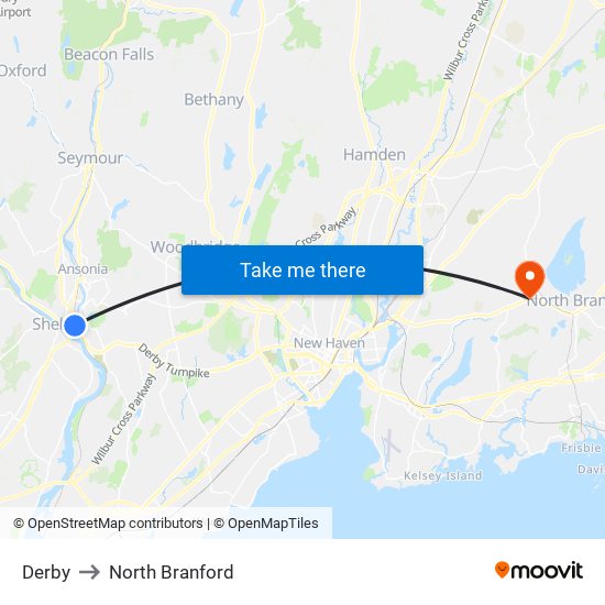 Derby to North Branford map