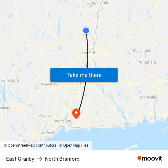 East Granby to North Branford map