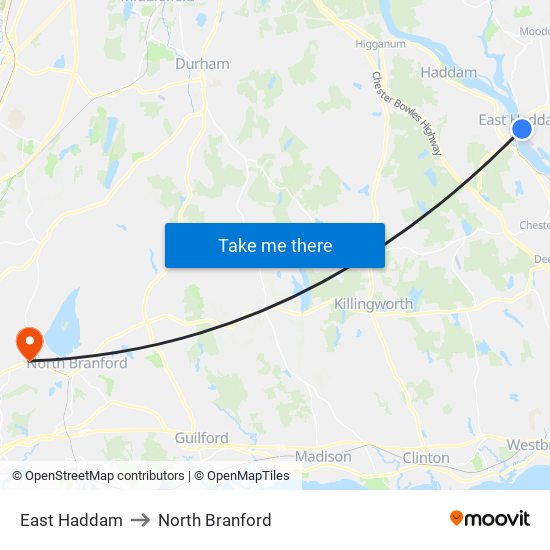 East Haddam to North Branford map