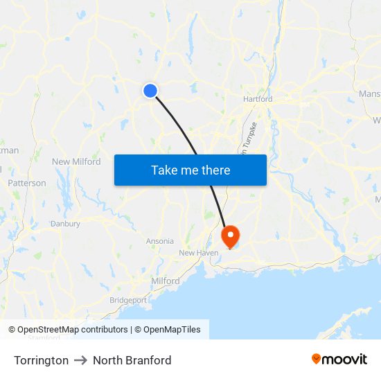 Torrington to North Branford map