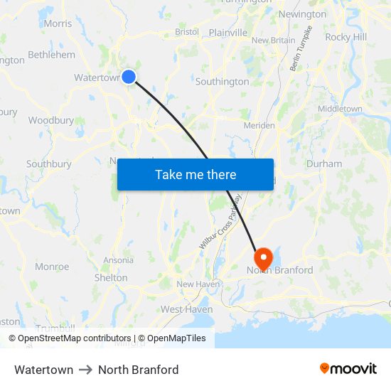 Watertown to North Branford map