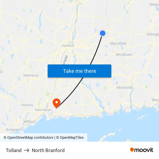 Tolland to North Branford map