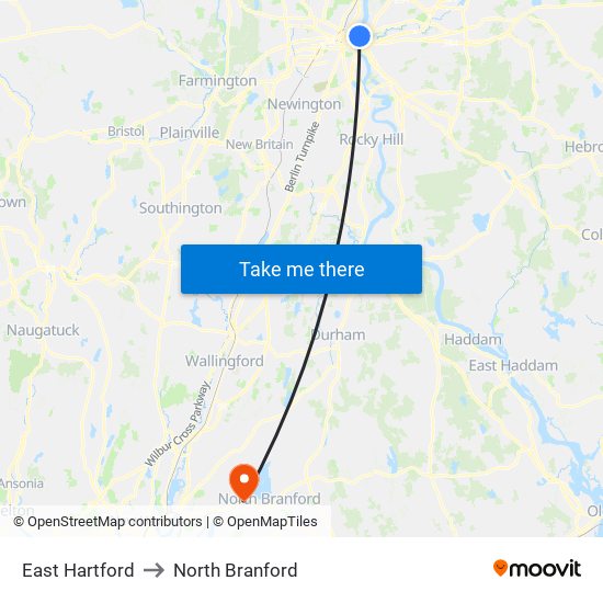 East Hartford to North Branford map