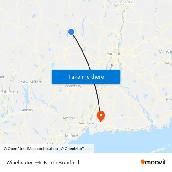 Winchester to North Branford map