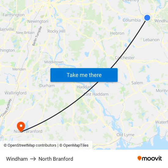 Windham to North Branford map