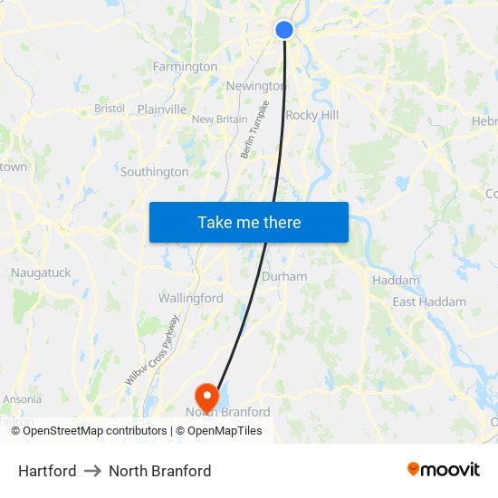 Hartford to North Branford map