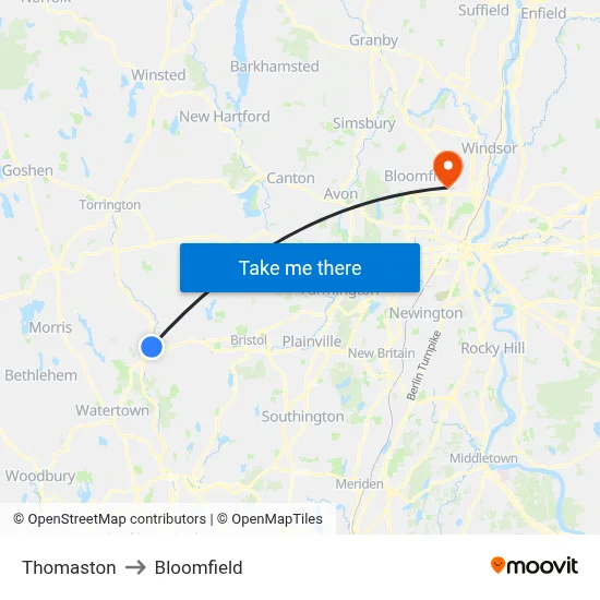 Thomaston to Bloomfield map