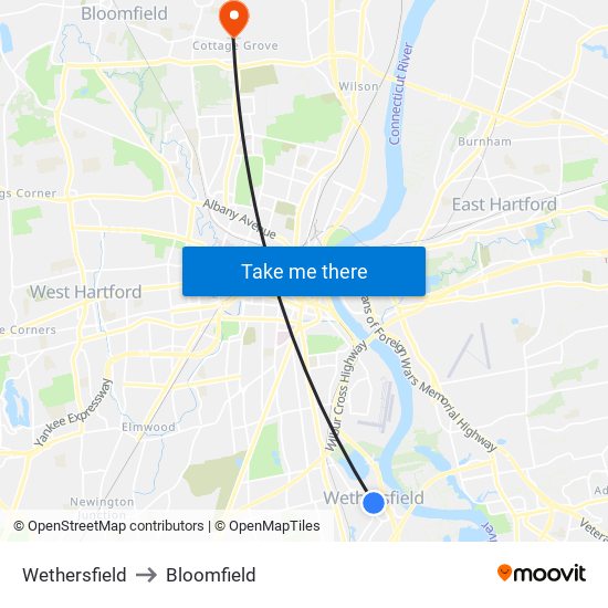 Wethersfield to Bloomfield map