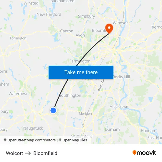 Wolcott to Bloomfield map