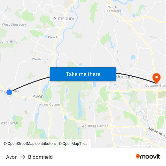 Avon to Bloomfield map