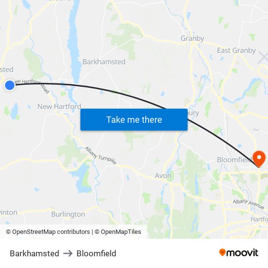 Barkhamsted to Bloomfield map