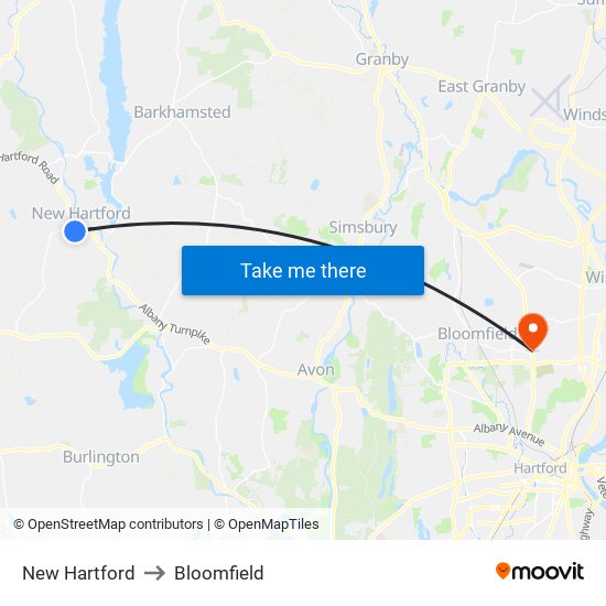 New Hartford to Bloomfield map