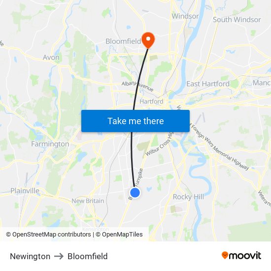 Newington to Bloomfield map