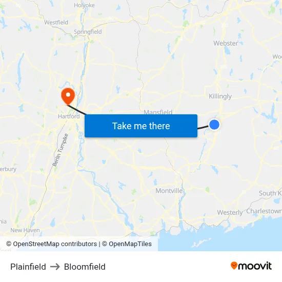 Plainfield to Bloomfield map