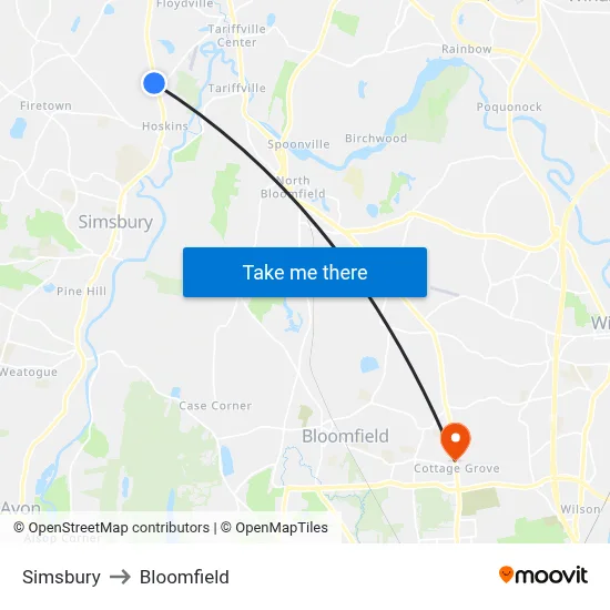 Simsbury to Bloomfield map