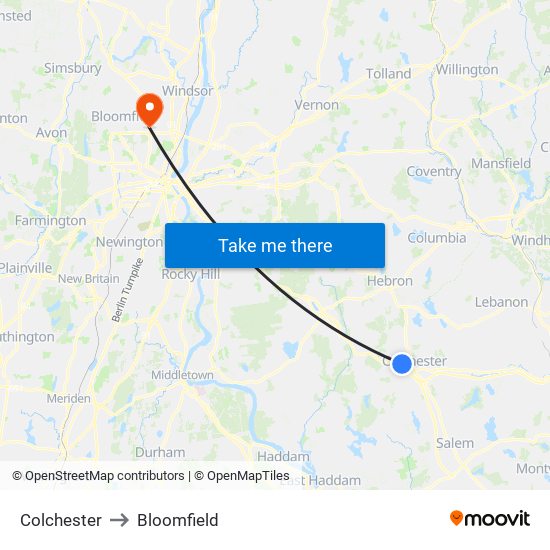 Colchester to Bloomfield map