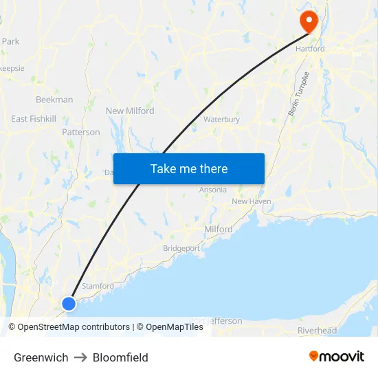 Greenwich to Bloomfield map