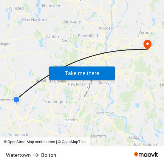 Watertown to Bolton map