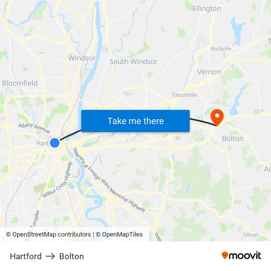 Hartford to Bolton map