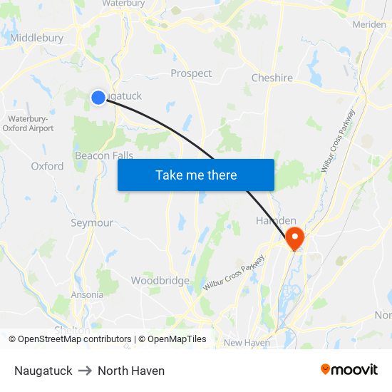 Naugatuck to North Haven map