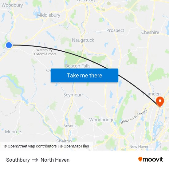 Southbury to North Haven map