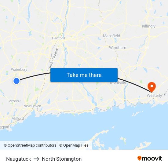 Naugatuck to North Stonington map