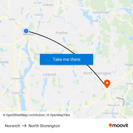 Norwich to North Stonington map