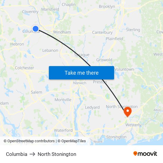 Columbia to North Stonington map