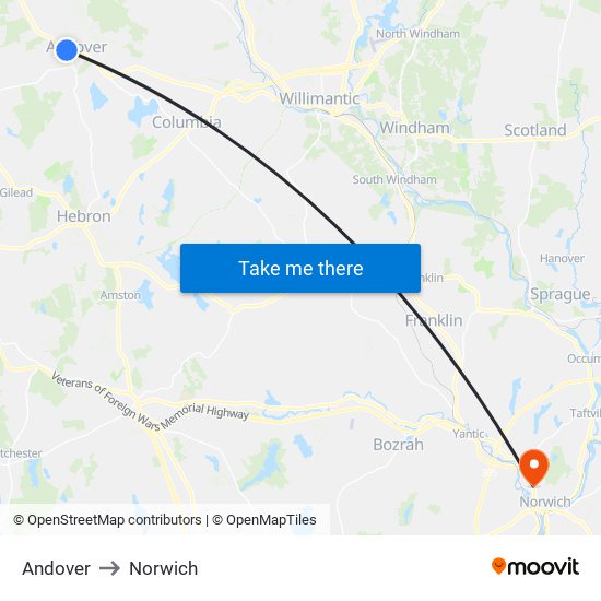 Andover to Norwich map