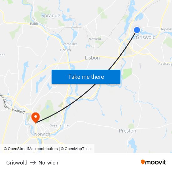 Griswold to Norwich map