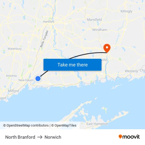 North Branford to Norwich map